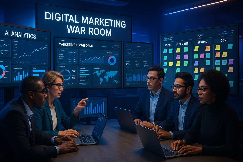 CMO team building a future-proof digital playbook in a high-tech marketing war room with real-time dashboards.