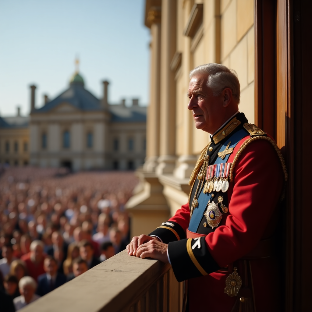 Royal man in ceremonial military attire stands on a balcony, overlooking a large crowd at a palace event.