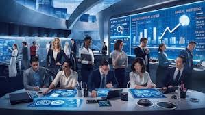 Futuristic digital marketing command center with diverse professionals analyzing real-time data and social metrics to develop a Future-Proof Digital Playbook for business growth.
