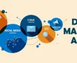 "Digital marketing agency illustration with icons for content marketing, social media, email marketing, SEO, campaign management, and digital technologies."