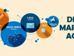 "Digital marketing agency illustration with icons for content marketing, social media, email marketing, SEO, campaign management, and digital technologies."