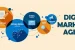 "Digital marketing agency illustration with icons for content marketing, social media, email marketing, SEO, campaign management, and digital technologies."