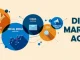 "Digital marketing agency illustration with icons for content marketing, social media, email marketing, SEO, campaign management, and digital technologies."