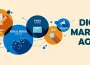 "Digital marketing agency illustration with icons for content marketing, social media, email marketing, SEO, campaign management, and digital technologies."