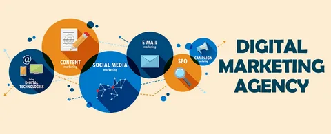 "Digital marketing agency illustration with icons for content marketing, social media, email marketing, SEO, campaign management, and digital technologies."
