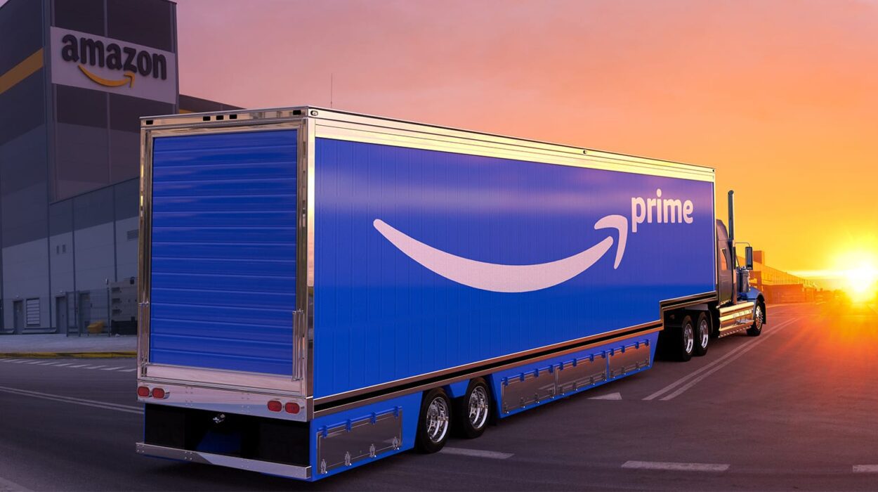 amazon truck in front of amazon warehouse